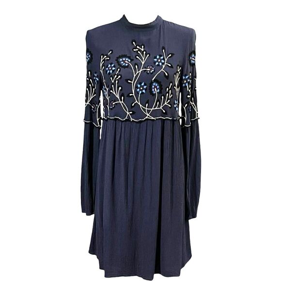 Parker Sadie Floral Embroidered Shift Dress SMALL Navy Bohemian Flowy Peasant - Picture 1 of 11
